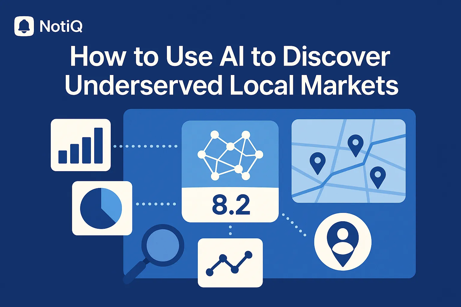 A graphic showing a map with highlighted ZIP codes, data analysis charts, and AI icons symbolizing market discovery strategie