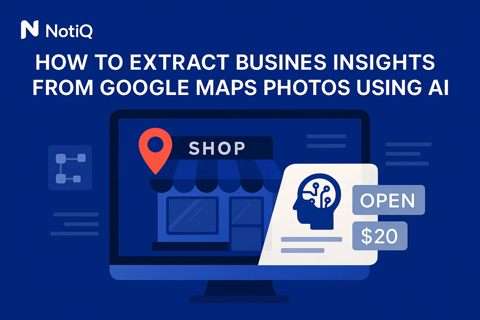 A split-screen image showing Google Maps photos being analyzed by AI, revealing business insights and competitive data.