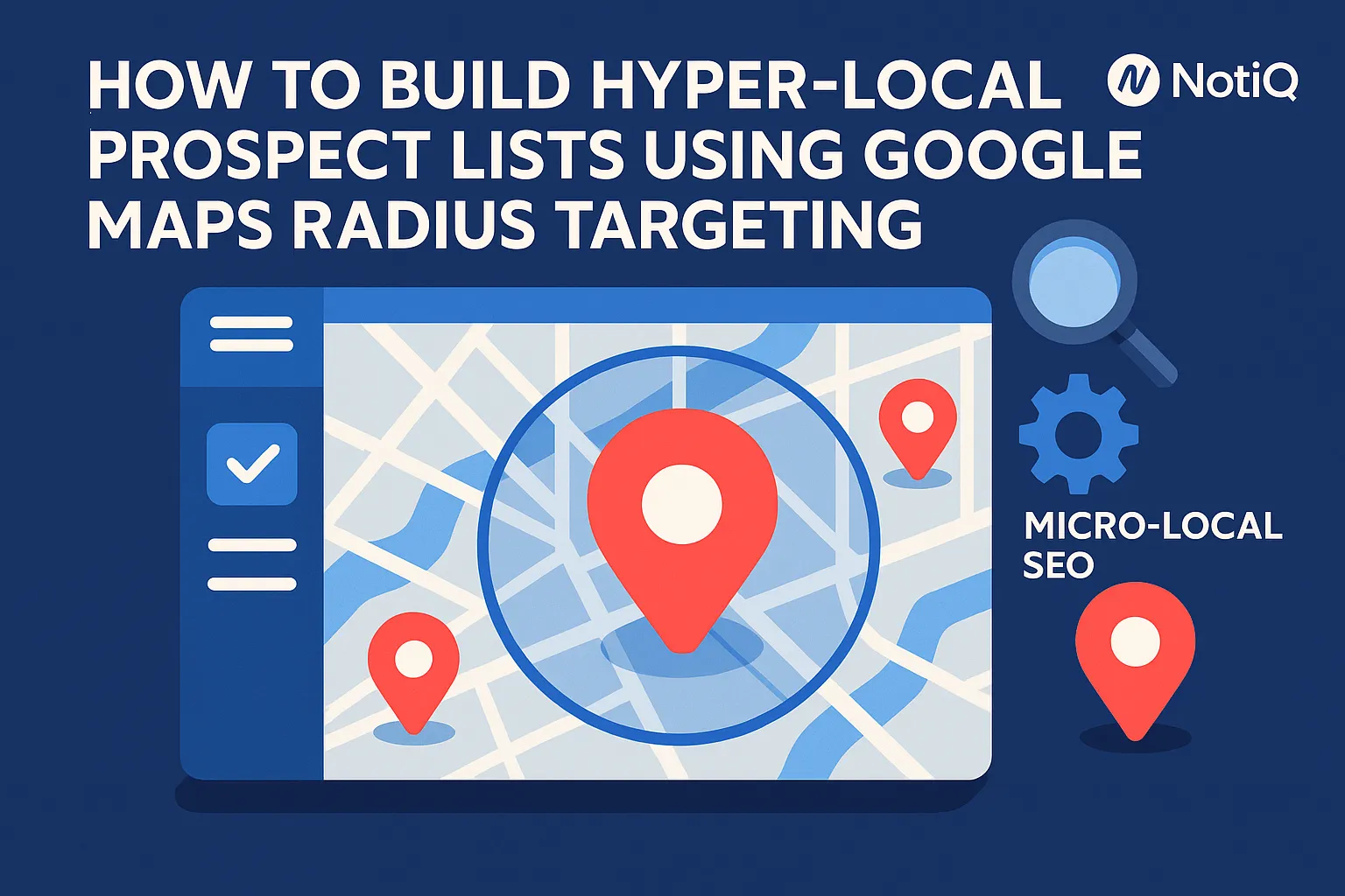 A screenshot of Google Maps showing a targeted radius around a local area, with prospect list icons marking potential busines
