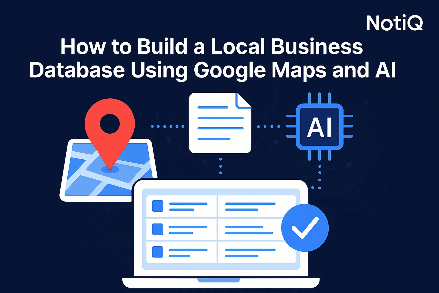 A computer screen displays Google Maps with business listings, showcasing AI tools for database building.