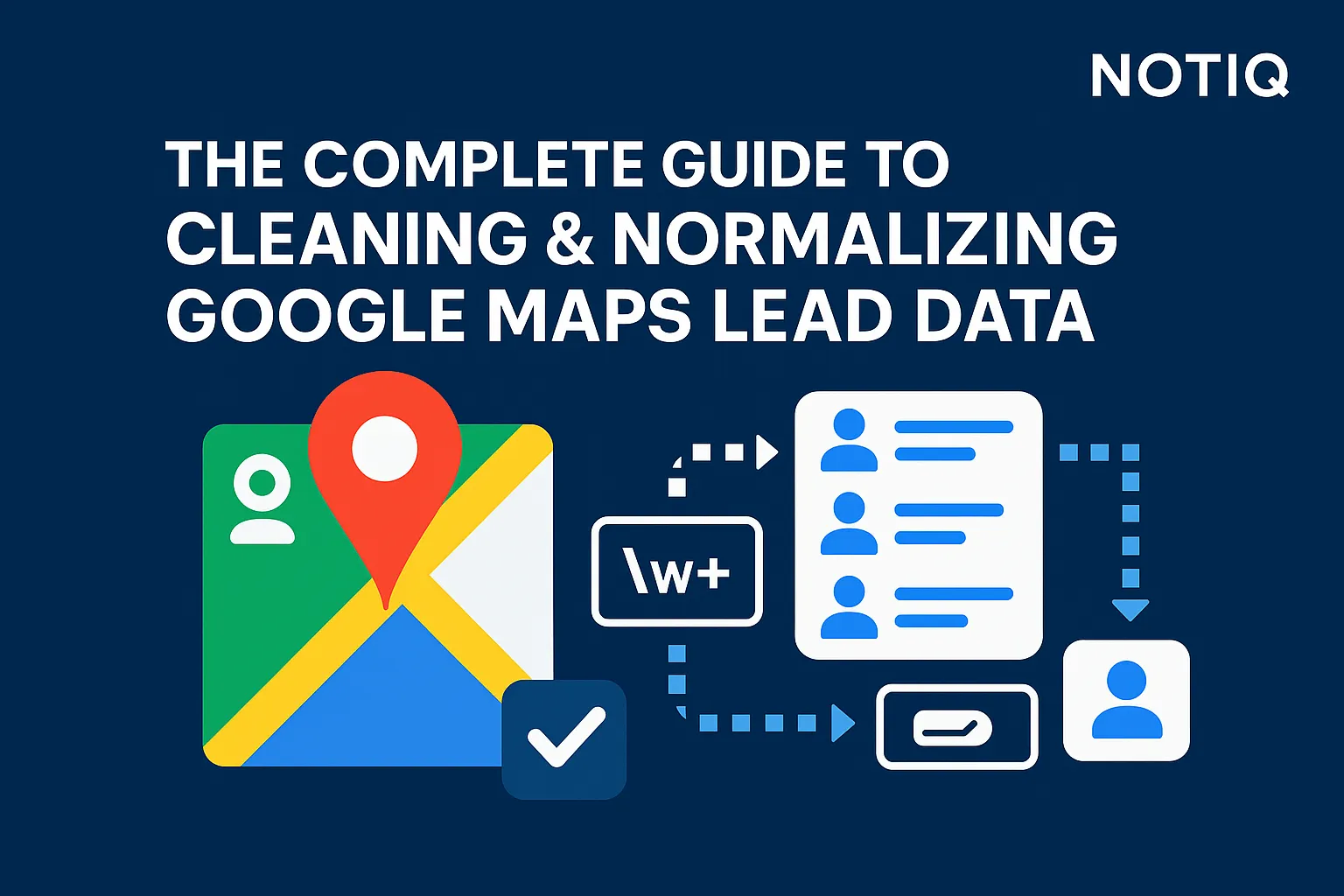 A digital workspace showcasing screenshots of Google Maps data, highlighting cleaning and normalization processes for lead ma
