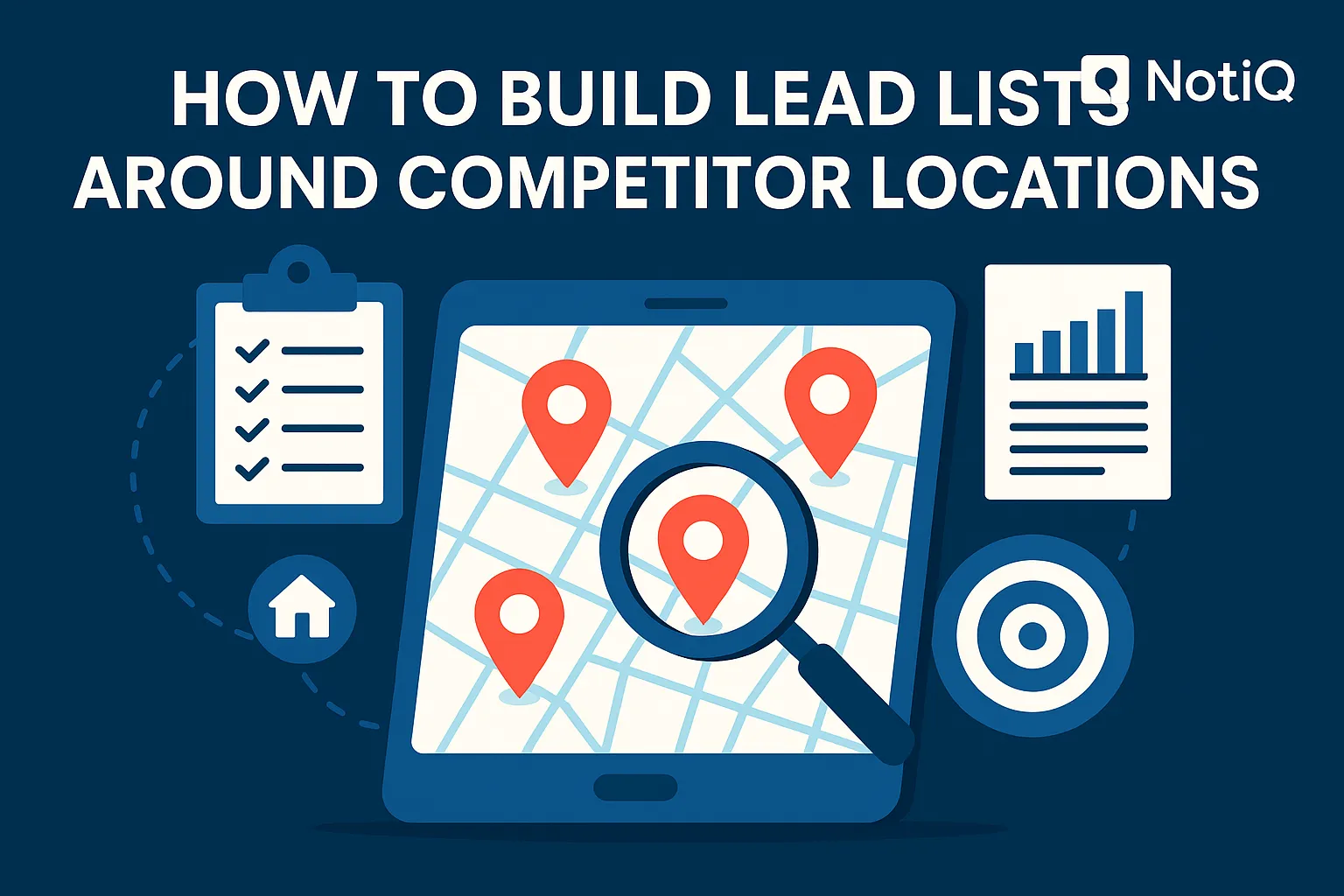 Graphic illustrating competitor locations on a map with lead list analytics and location markers for strategic outreach.