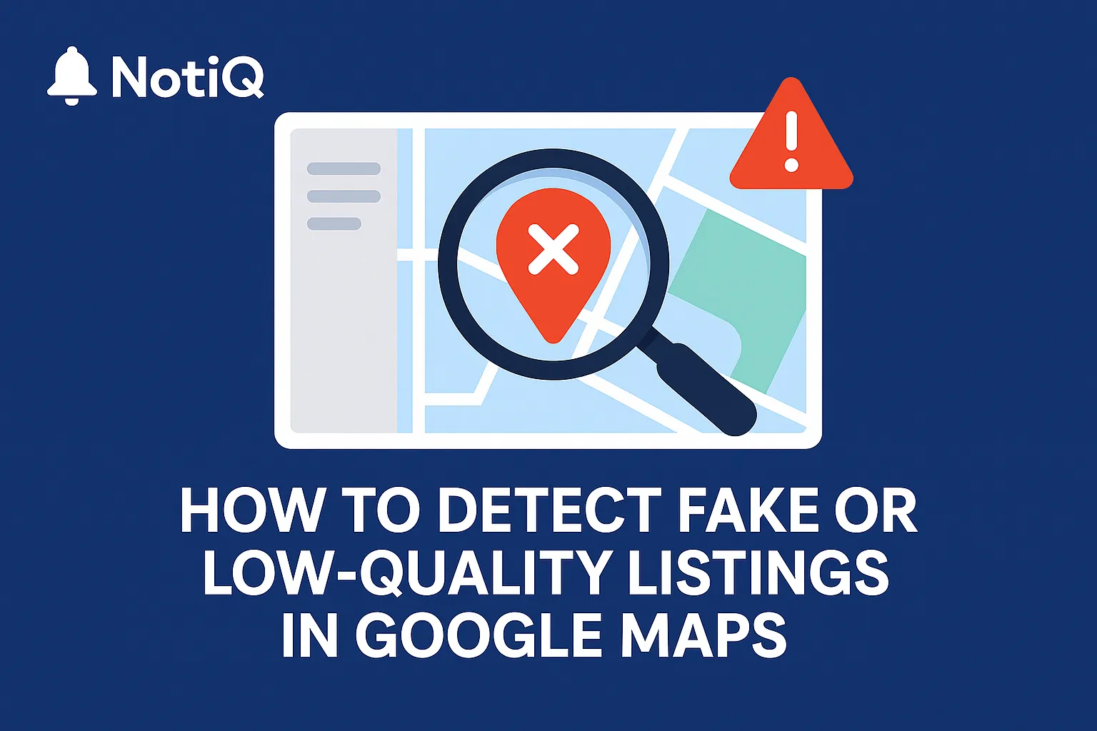 A magnifying glass hovering over a Google Maps interface, highlighting red flags on a low-quality listing.