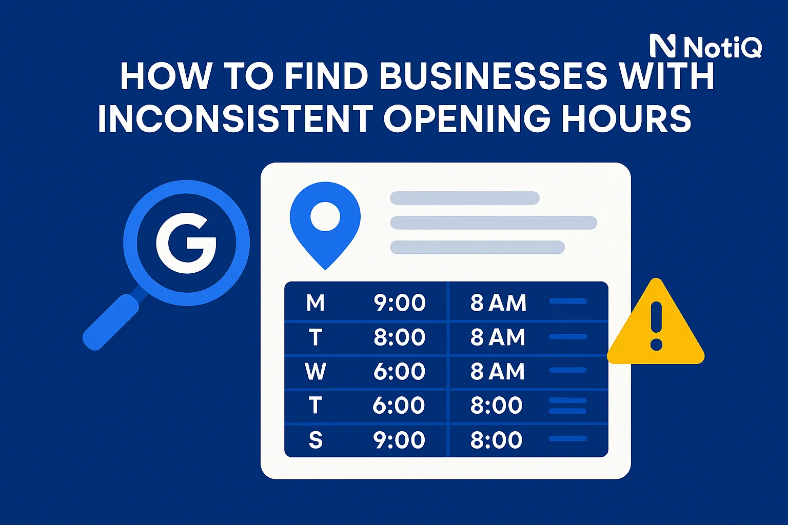 A magnifying glass inspecting a calendar highlighting inconsistent business hours for local SEO optimization.