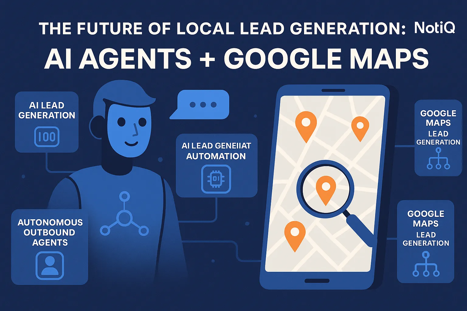 A futuristic AI agent navigating Google Maps, illustrating innovative lead generation through real-time data and automation.