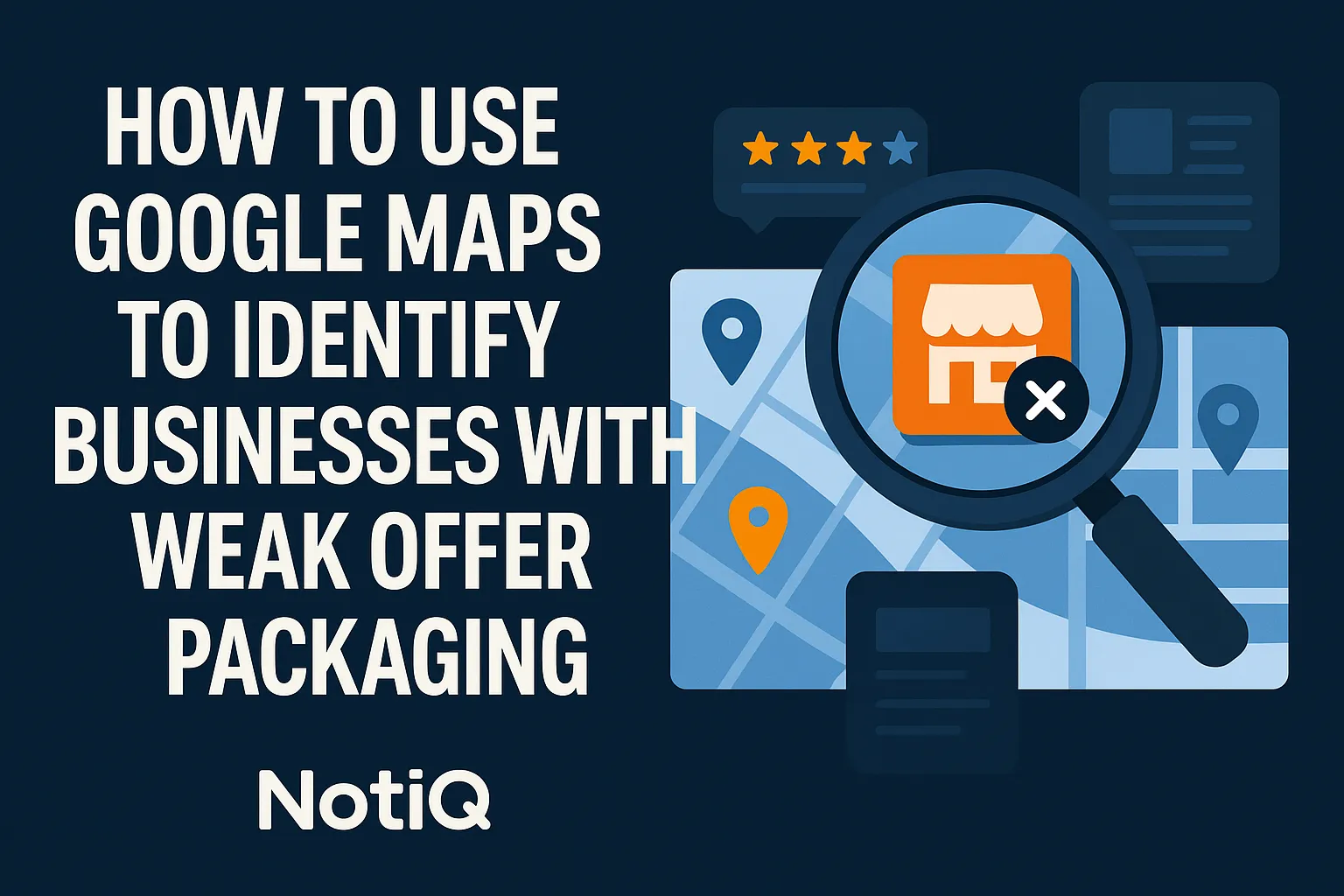 An infographic illustrating steps to use Google Maps for identifying local businesses with weak offer packaging.