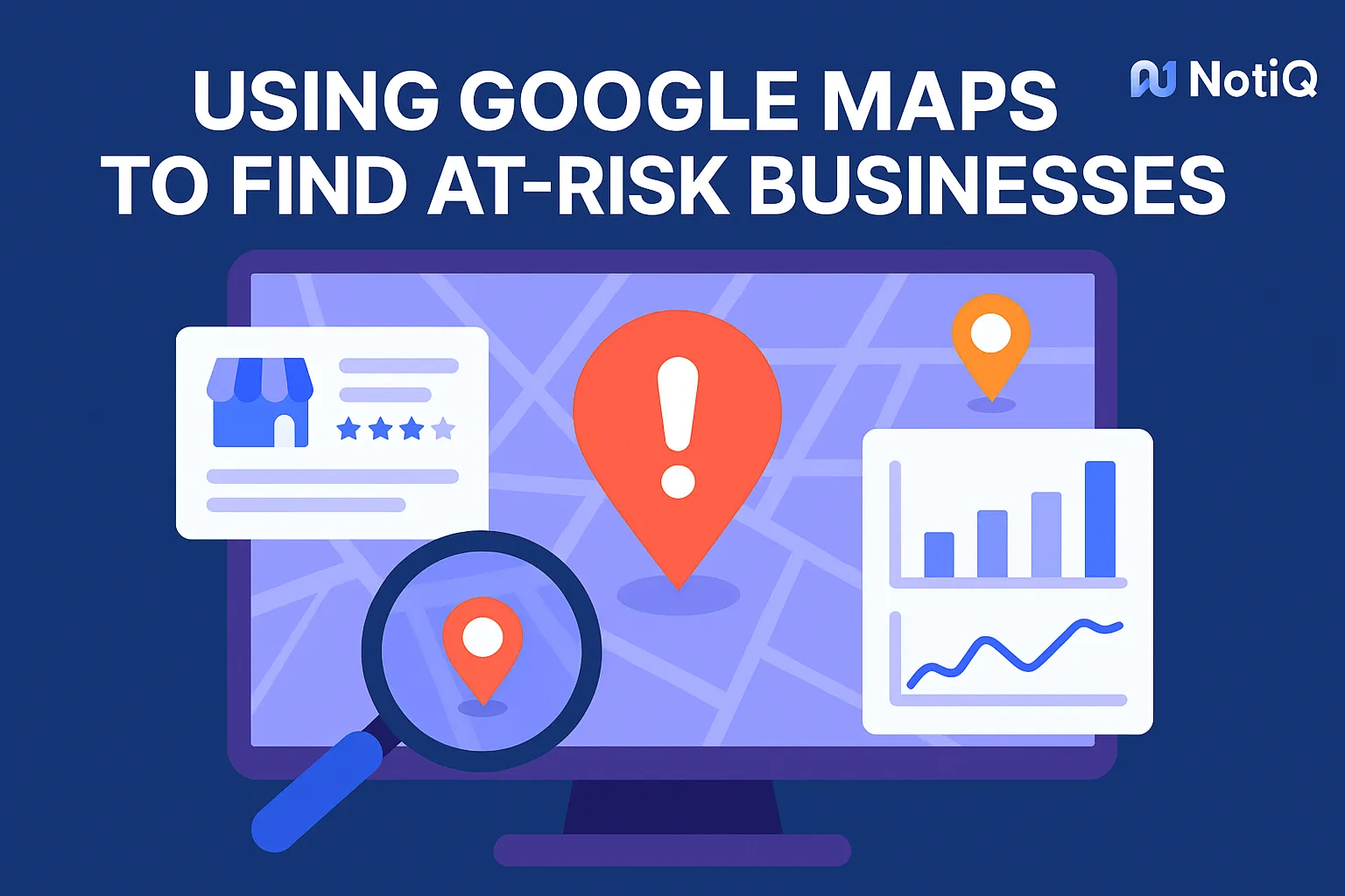 A person analyzing Google Maps on a laptop, highlighting local businesses marked with visibility gaps.