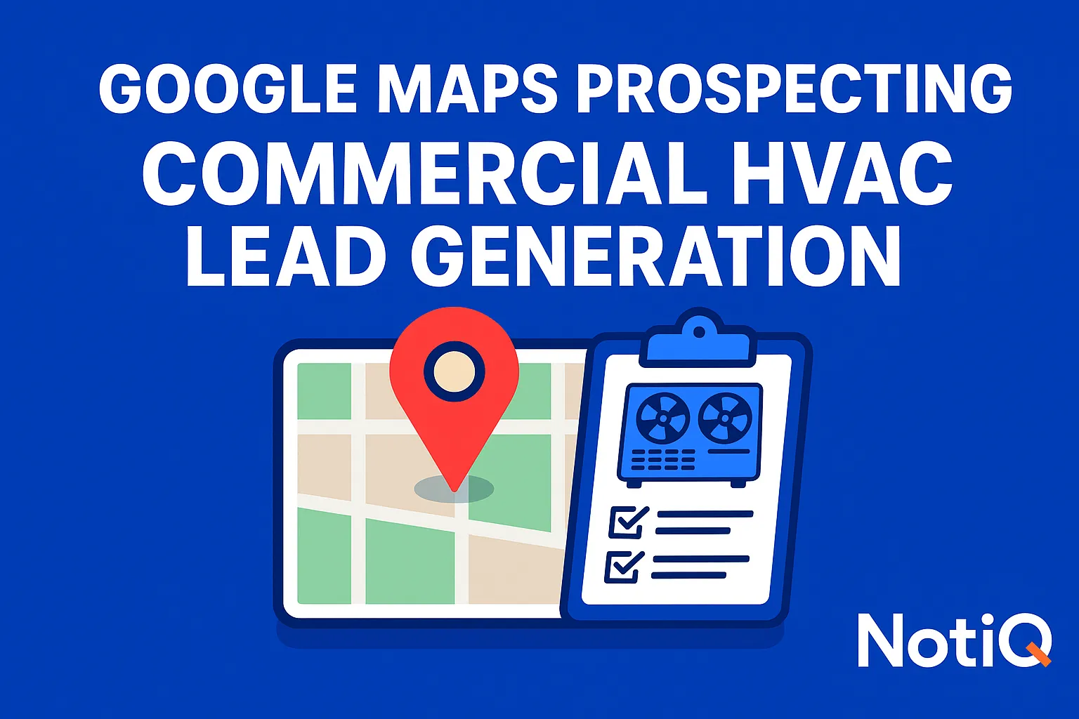 A person uses Google Maps on a laptop, highlighting commercial buildings, representing HVAC prospecting strategies.