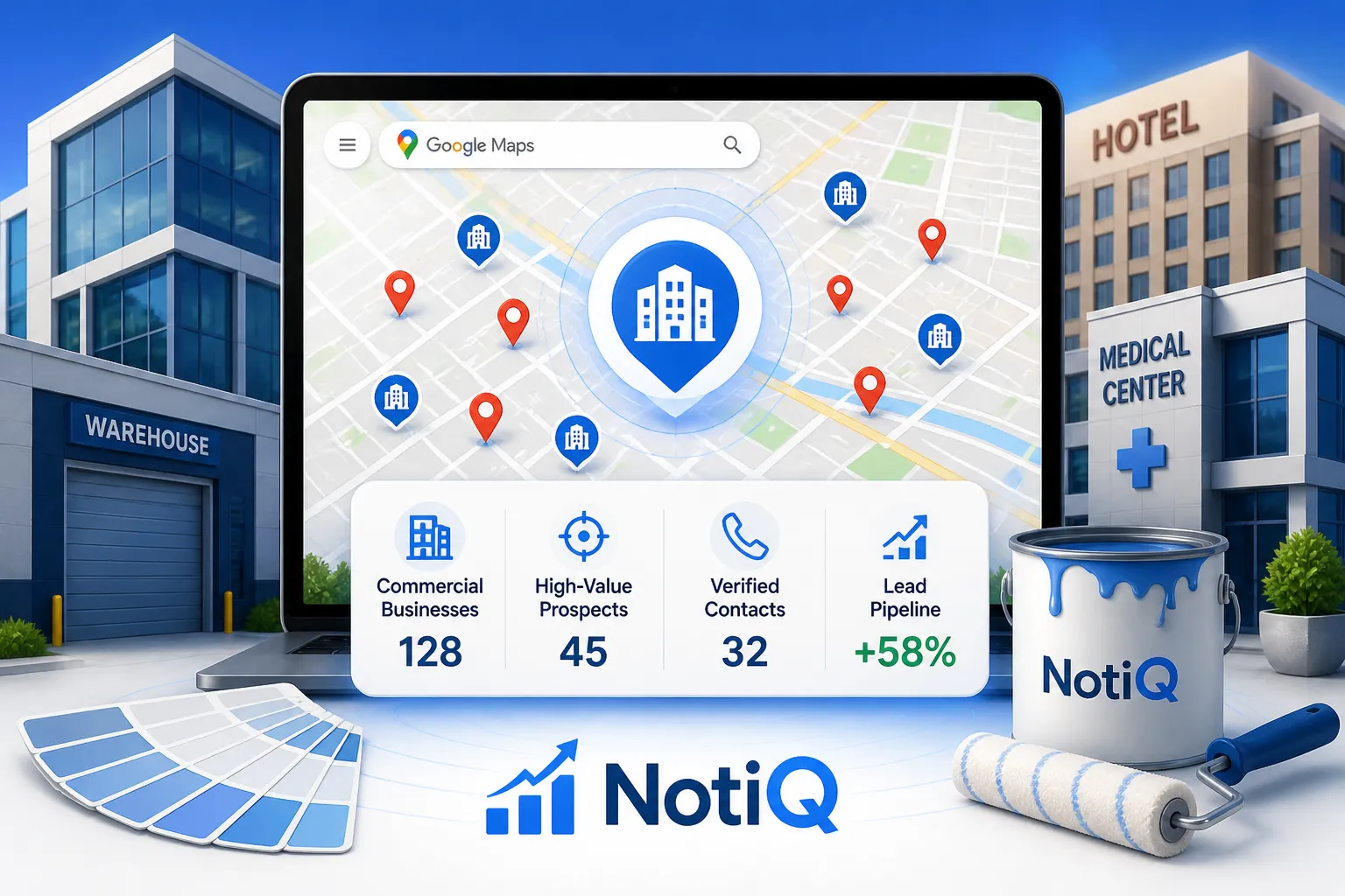 A contractor examines a Google Maps listing, strategizing business outreach to local commercial clients for painting projects