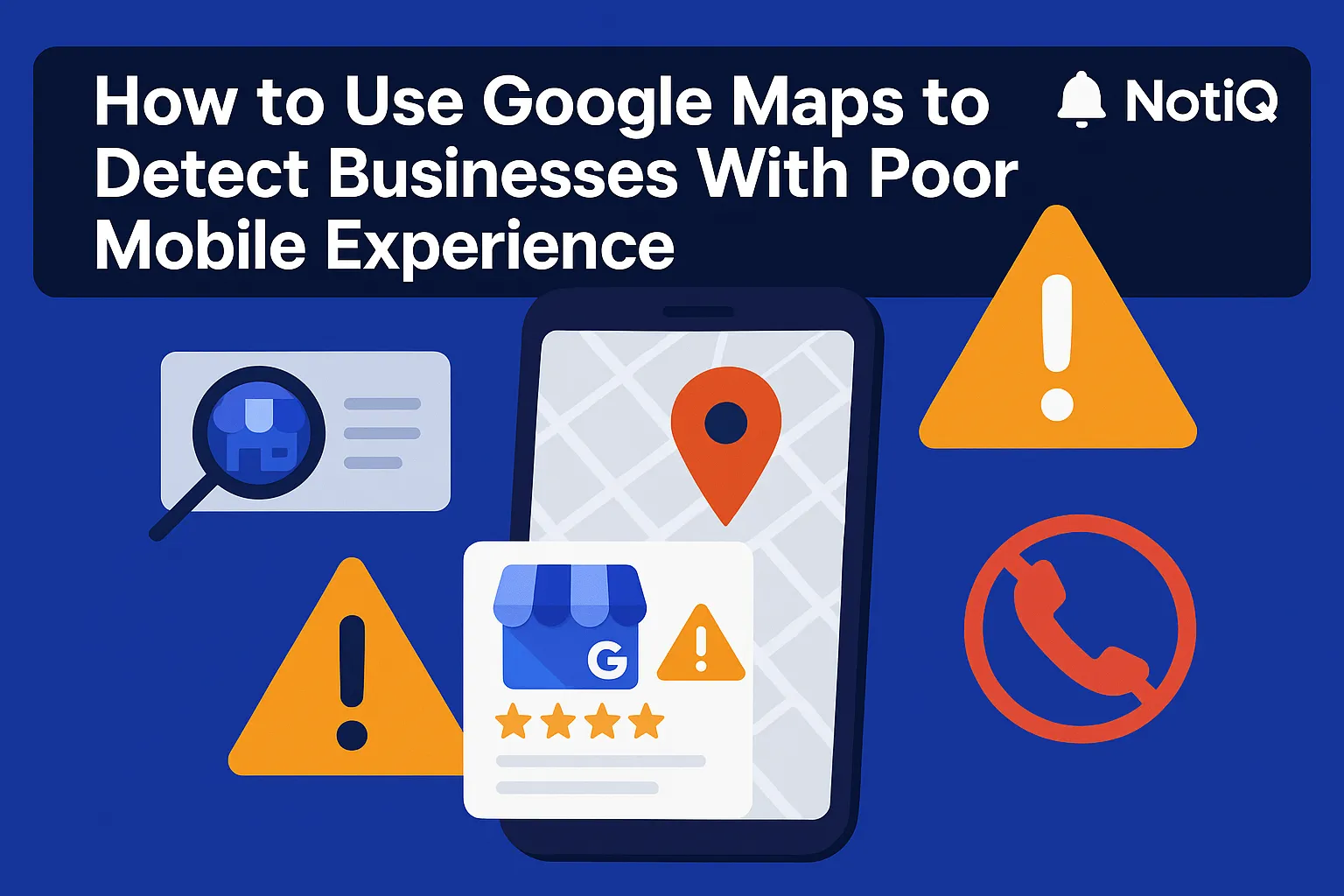 A smartphone displaying Google Maps with highlighted local business pins and symbols indicating mobile experience issues.