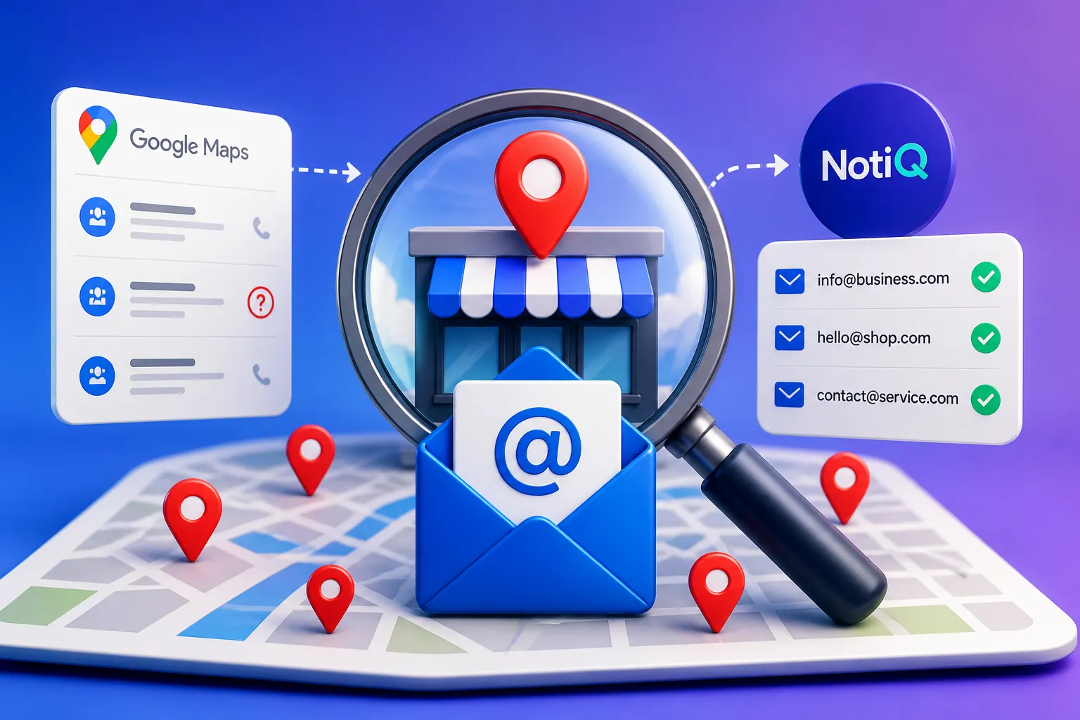 A person searching for local businesses on a computer, highlighting missing email addresses in a Google Maps view.
