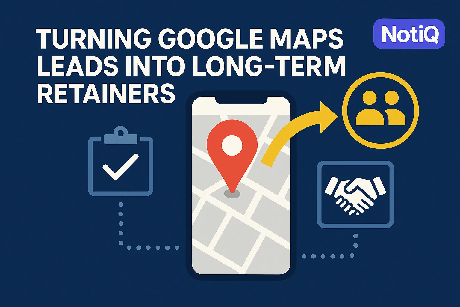 A marketing professional analyzing Google Maps leads on a laptop, with visuals of conversion strategies and client engagement