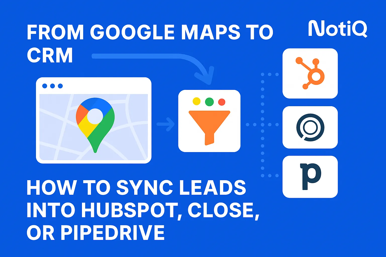 An illustration showing Google Maps pin icons transforming into CRM lead icons, symbolizing automated data synchronization.