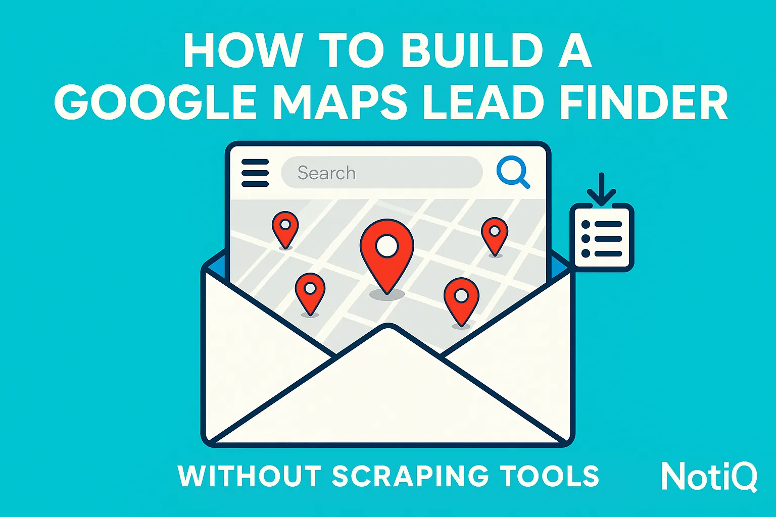 Illustration of a map with pins marking local businesses, showcasing a guide to using Google Maps for lead generation.