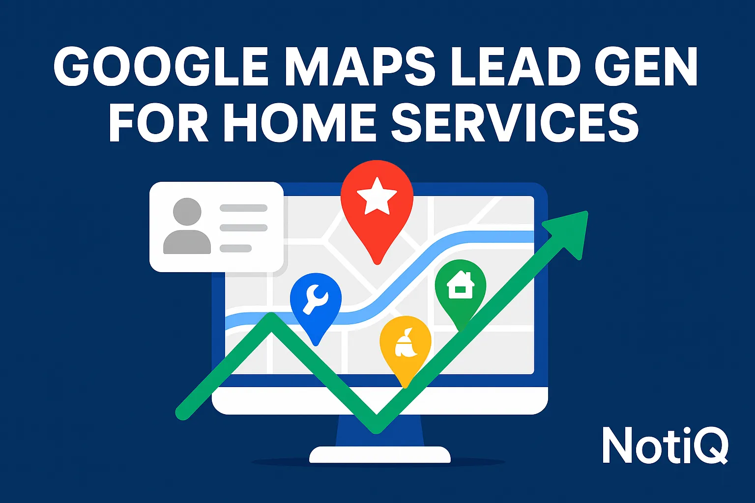 Illustration of a Google Maps interface with home service icons, showcasing lead generation strategies for agencies.