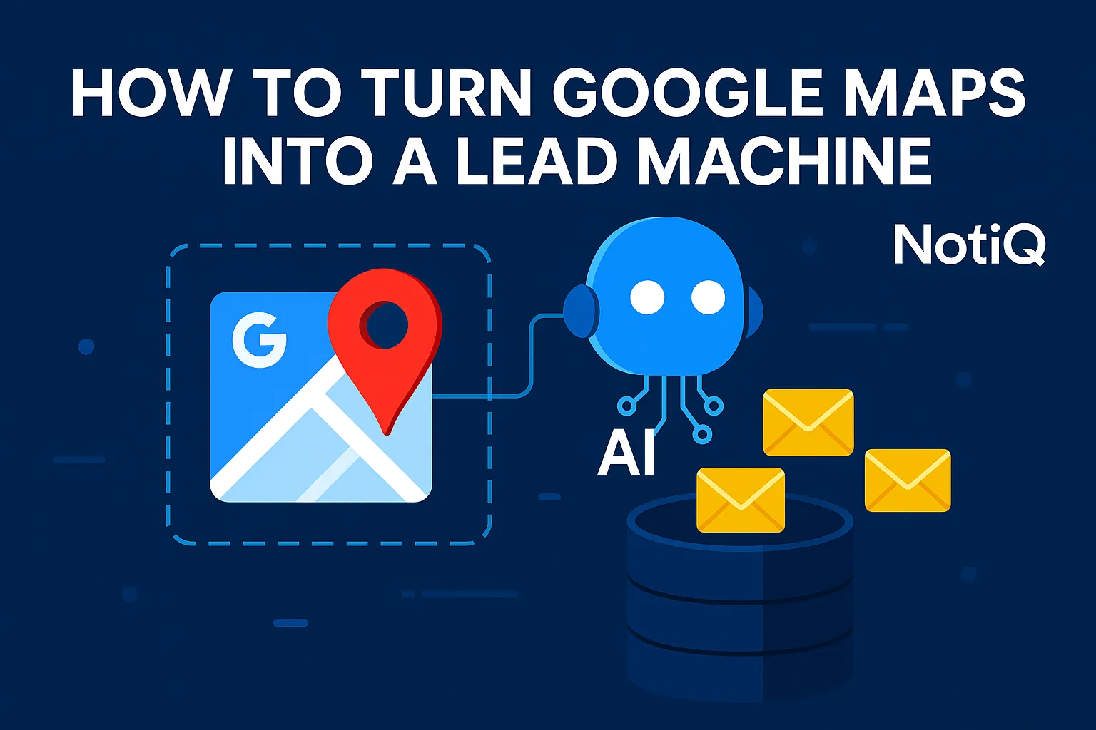 A laptop screen displaying Google Maps with AI graphics, symbolizing lead generation and automation processes.