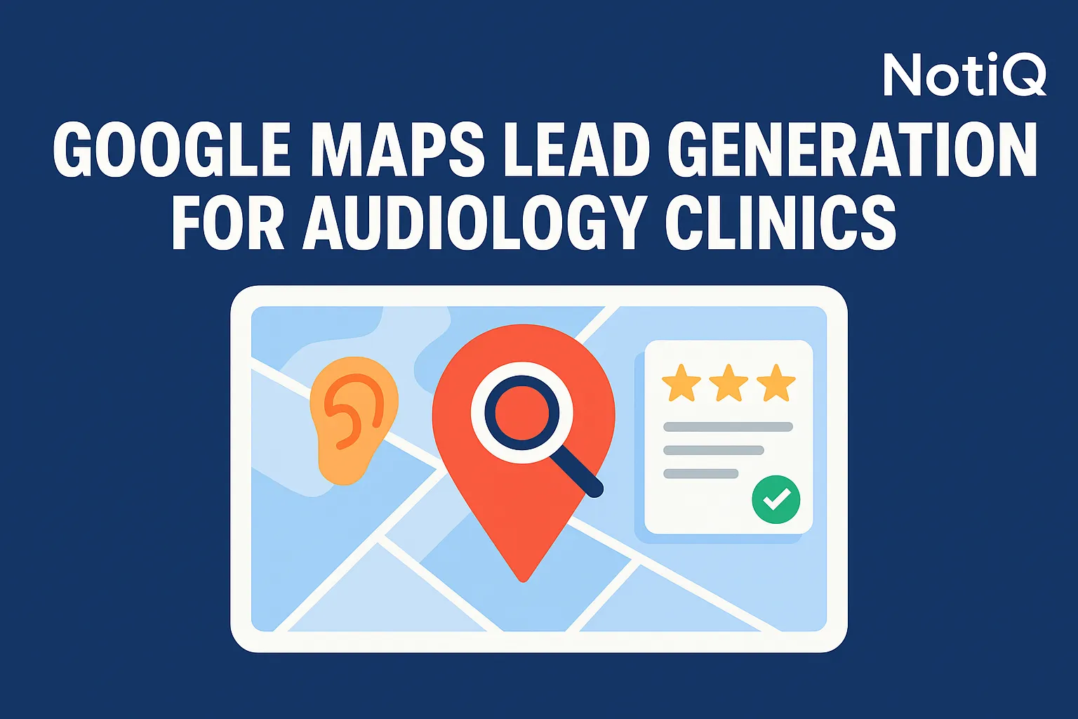 A smartphone displaying Google Maps with audiology clinic markers, emphasizing lead generation and local SEO strategies.