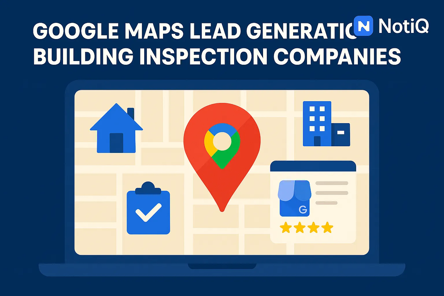 A building inspector using Google Maps on a laptop, analyzing local prospects for lead generation.