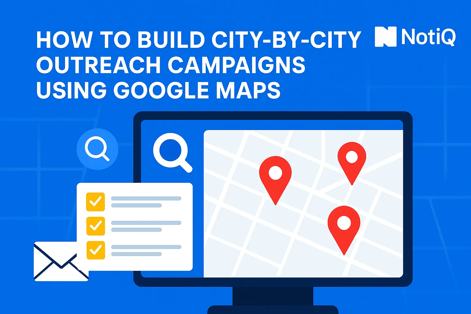 A graphic showing a cityscape map with highlighted locations and outreach icons, illustrating targeted campaigns using Google