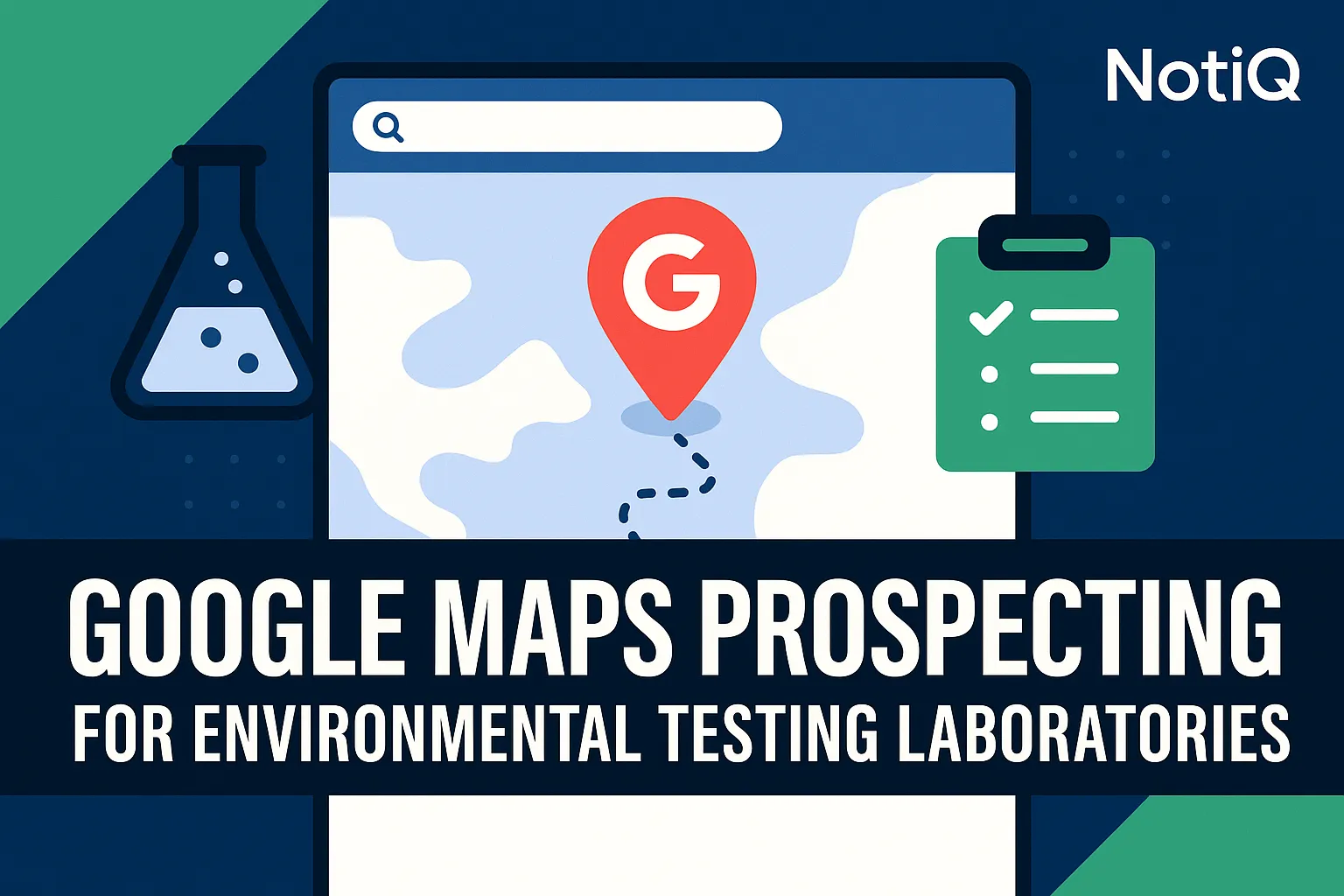 A laptop displaying Google Maps with environmental testing labs pinpointed for prospecting in a local area.