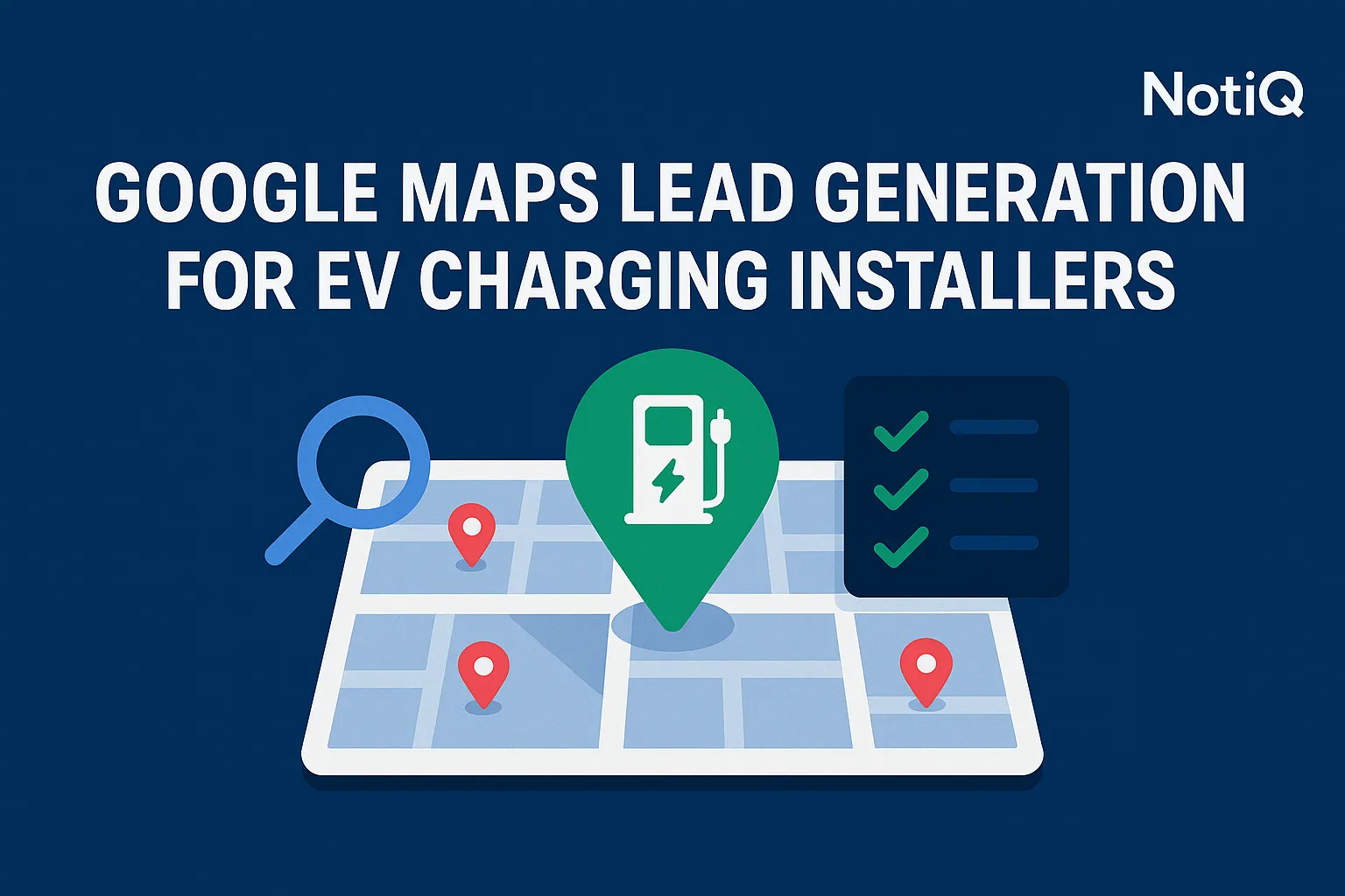A graphic showing a Google Maps interface highlighting potential EV charging installation sites in a local area.
