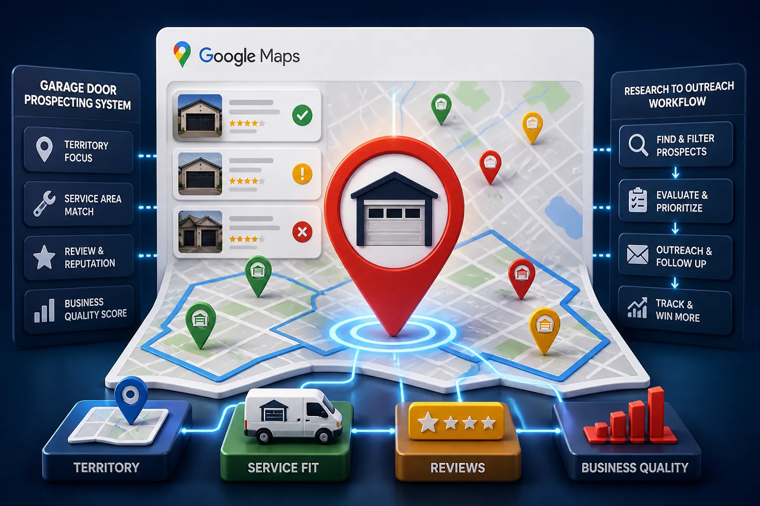 A user exploring Google Maps pinpointing local garage door companies for lead generation.