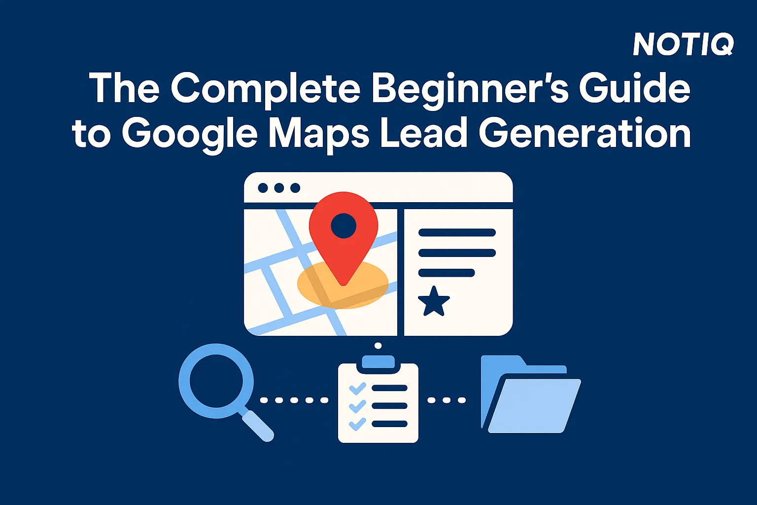 Illustration of a person using Google Maps on a laptop, with pins marking local businesses and a notepad for lead organizatio