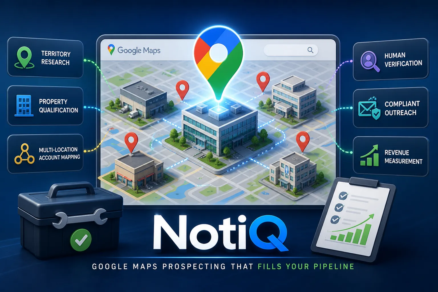 A property maintenance worker examining a Google Maps interface, highlighting local business opportunities for lead generatio