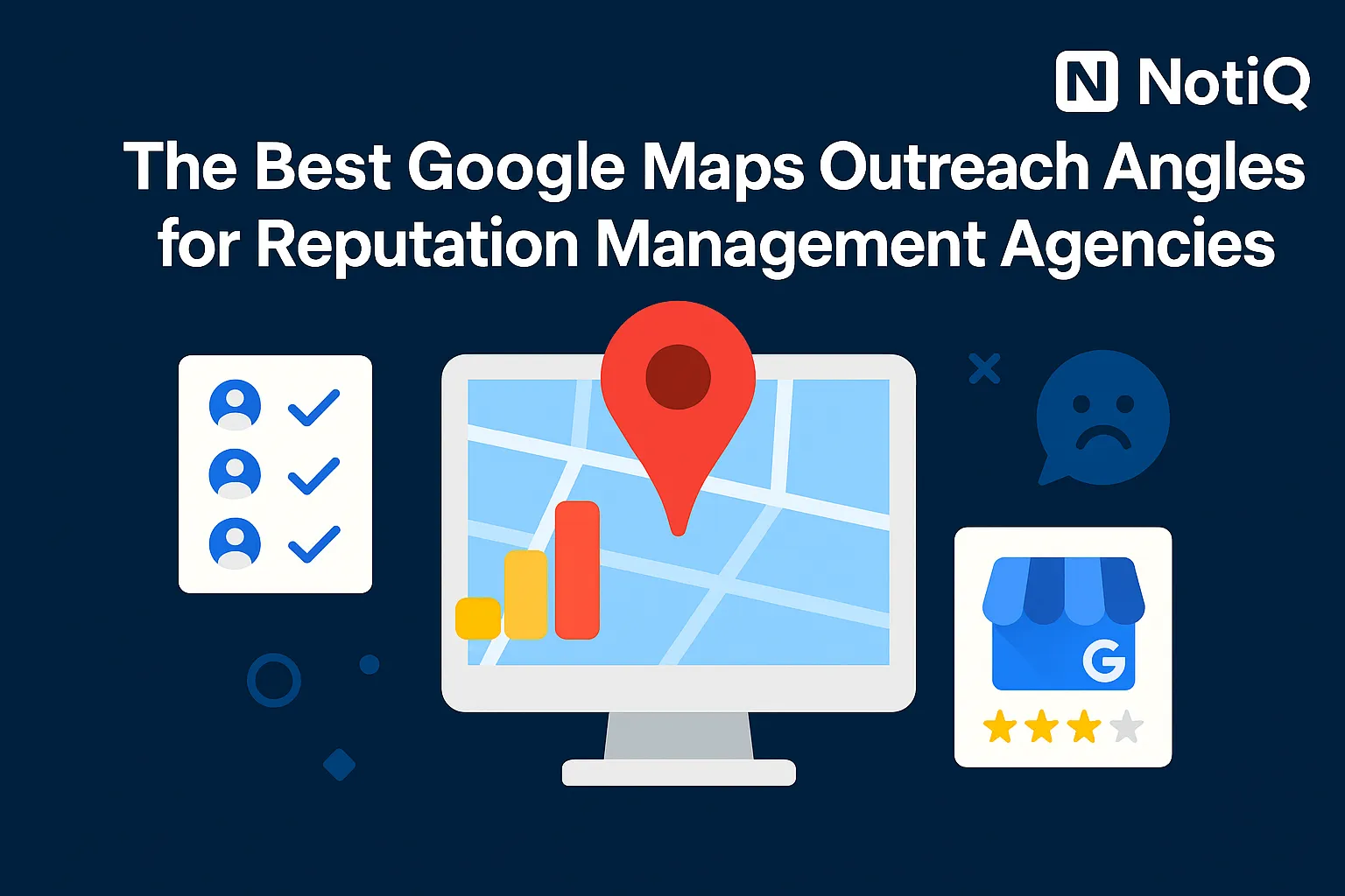 A laptop displaying Google Maps with outreach angles, highlighting review icons and engagement metrics for reputation managem