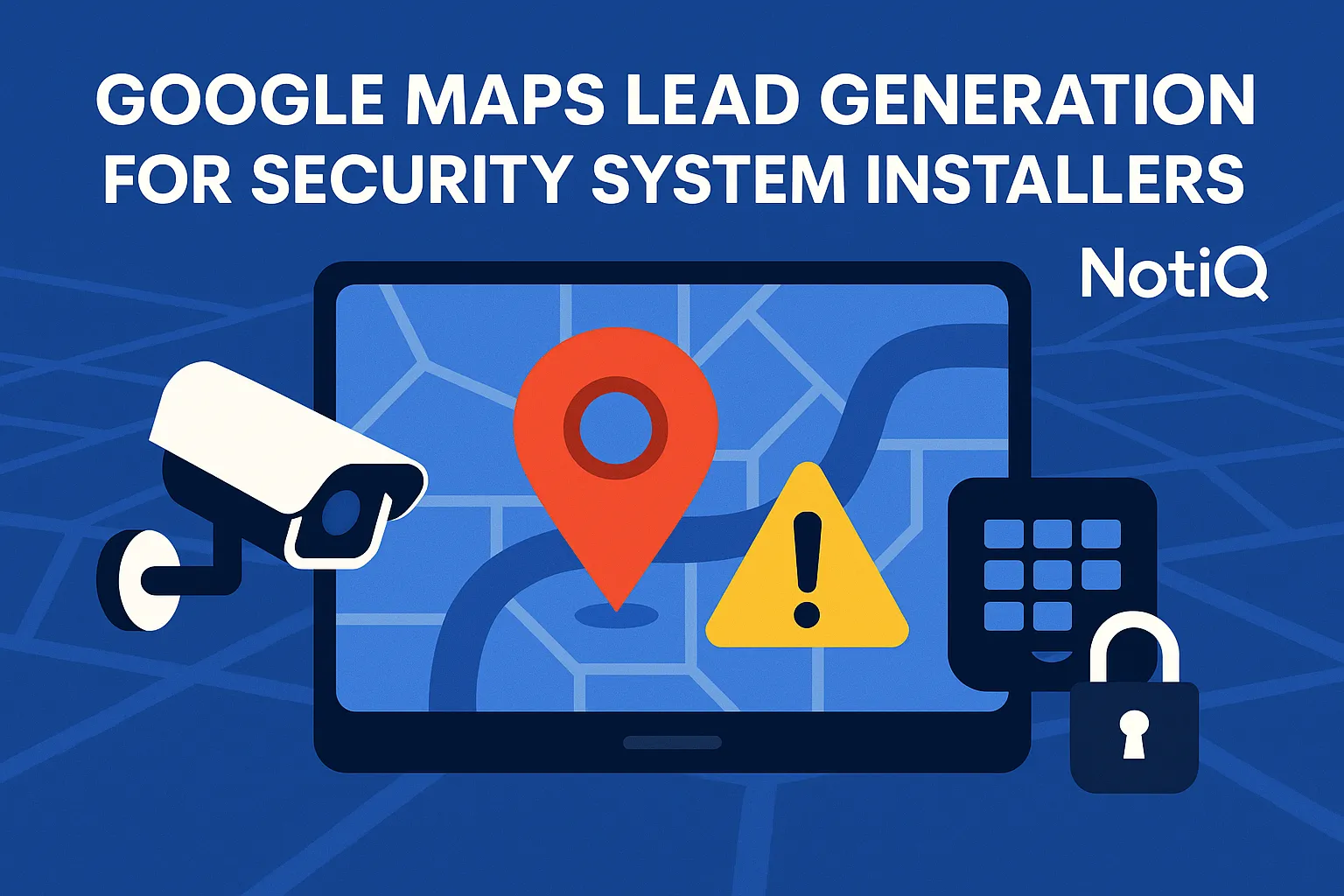 A security installer uses Google Maps on a laptop, analyzing local businesses for lead generation in a modern office setting.