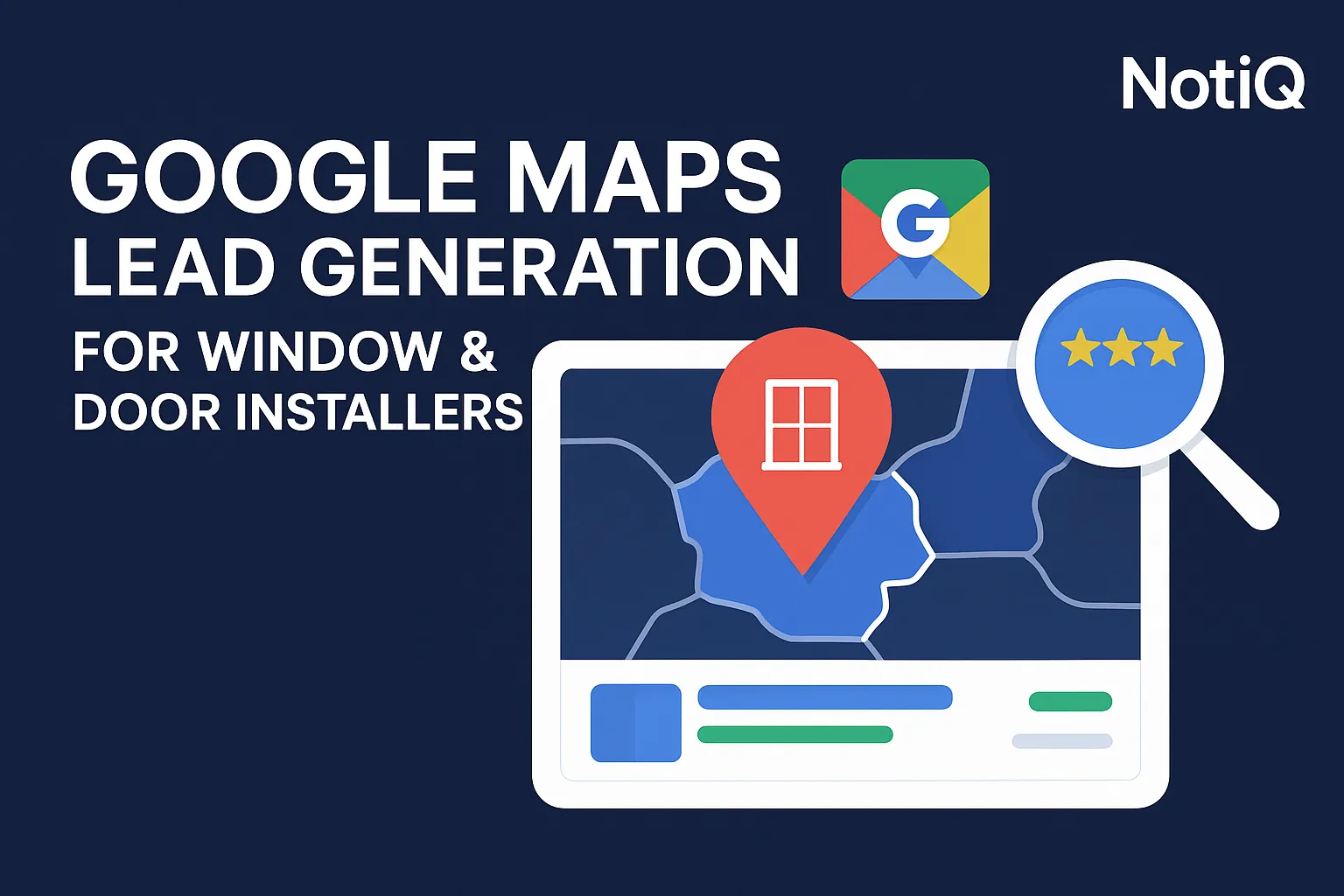 A window installer uses Google Maps on a laptop, highlighting local prospects for lead generation.