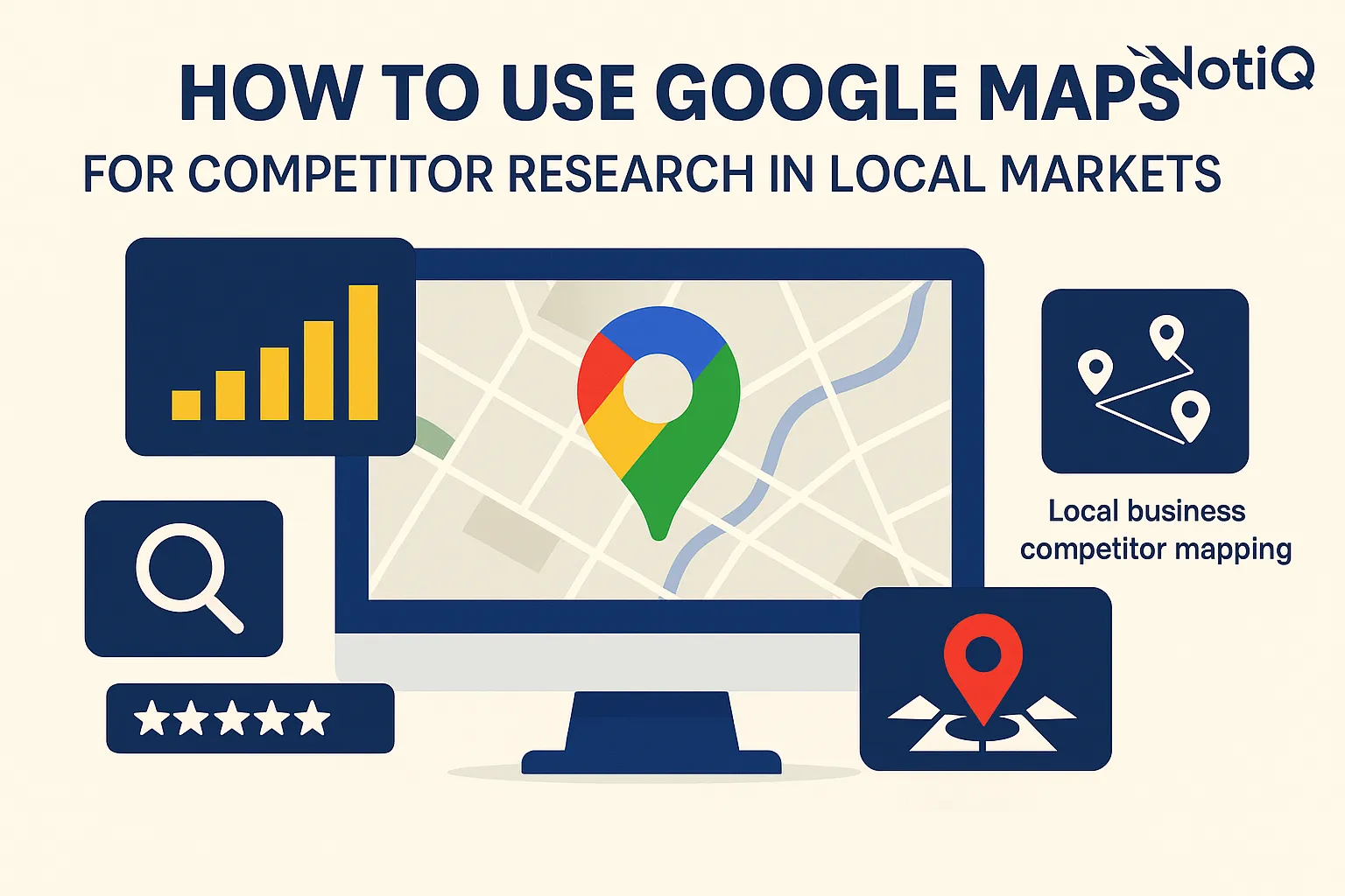 A digital map highlighting local business competitors with markers and reviews, emphasizing competitor analysis using Google