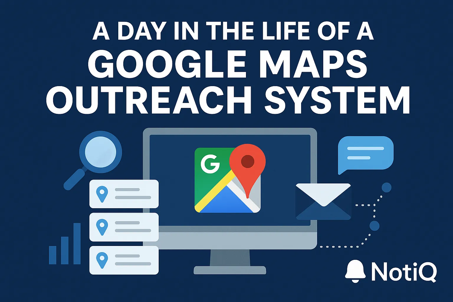 Illustration of Google Maps and AI workflow, highlighting data extraction, enrichment, scoring, and messaging processes.