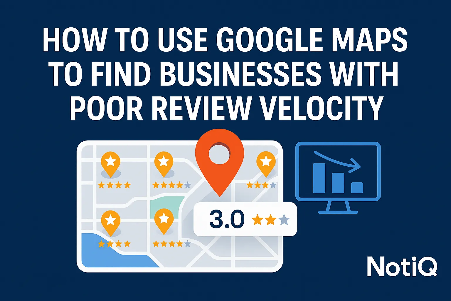 A screenshot of Google Maps highlighting businesses with low review velocities, showing user ratings and review counts.