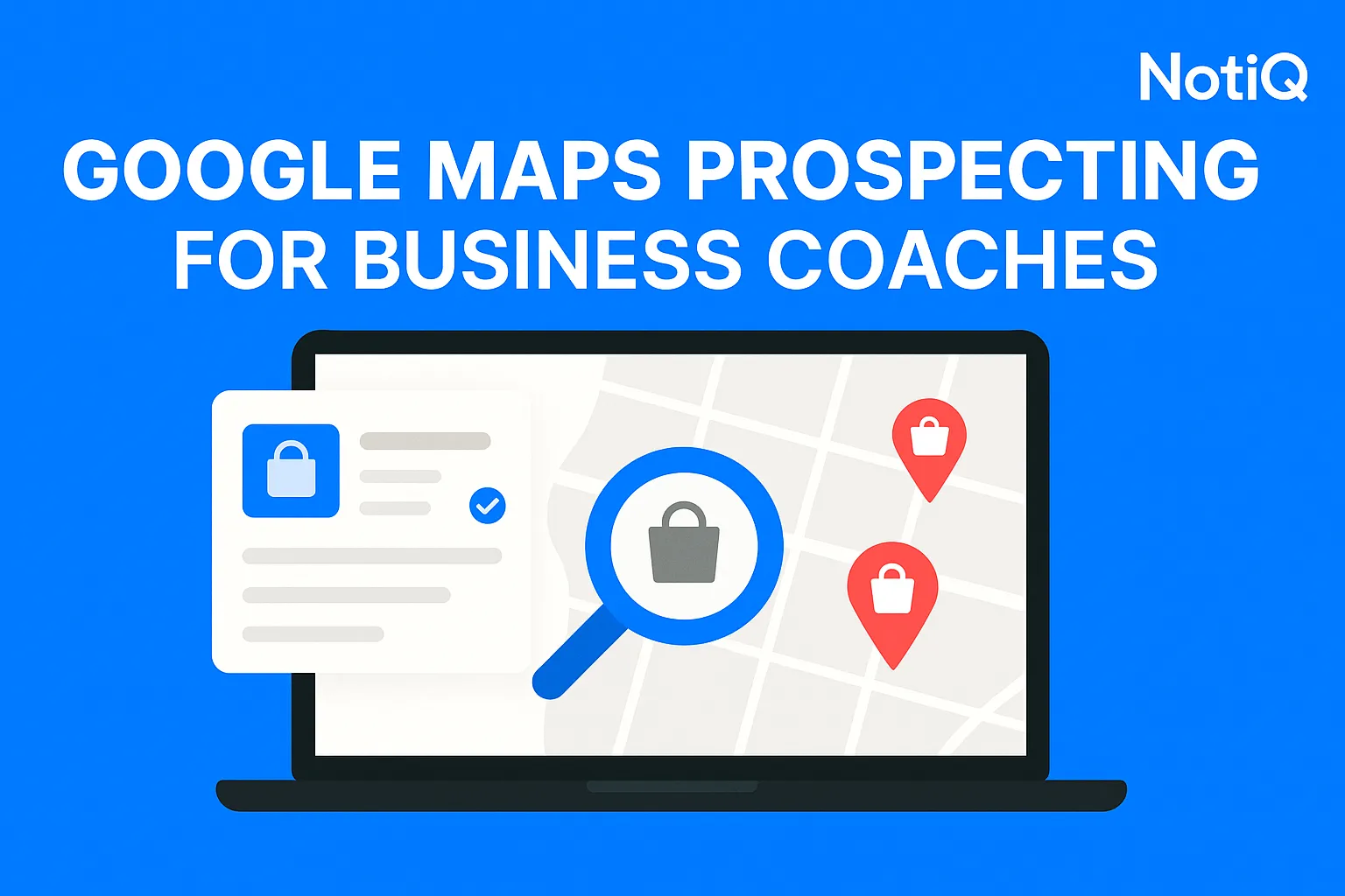 A business coach using Google Maps on a laptop, highlighting locations to prospect for local coaching clients.