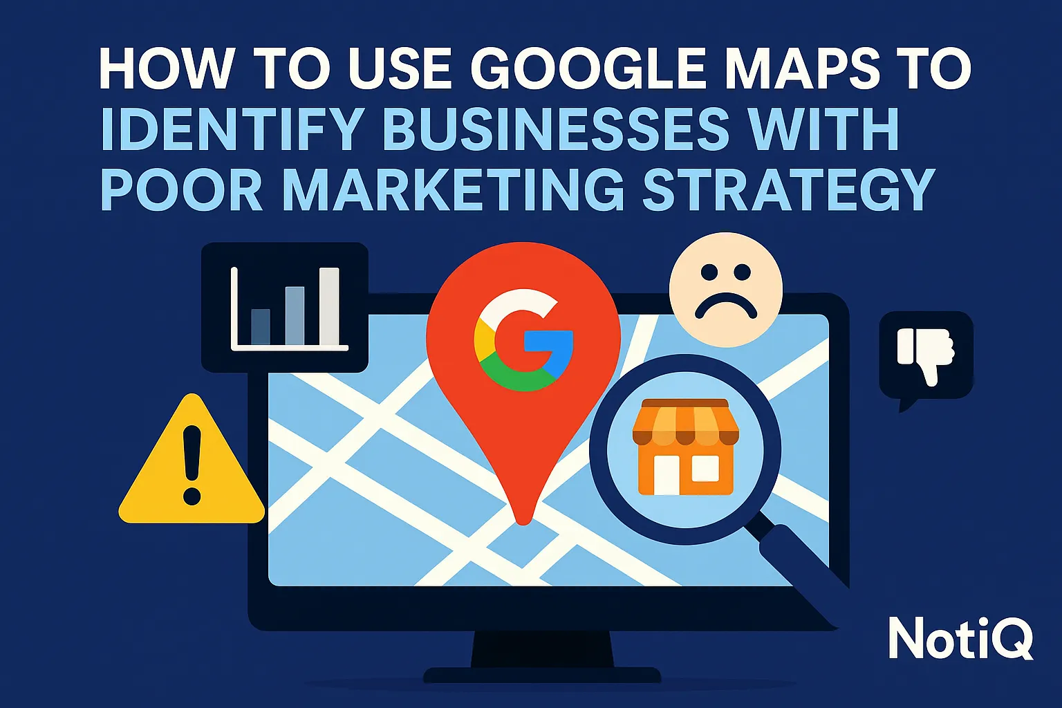 A screenshot of Google Maps highlighting local businesses with poor marketing strategies, illustrating key features for audit