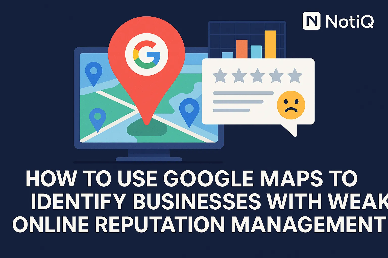 A screenshot of Google Maps displaying pins and ratings, illustrating tools for identifying businesses with poor online reput