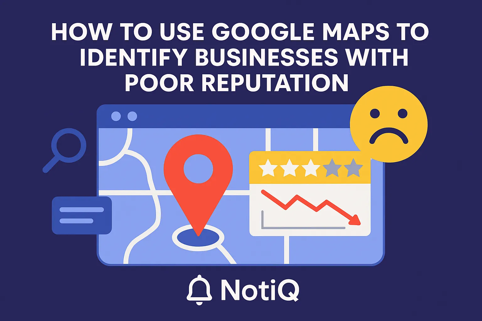 A screenshot of Google Maps highlighting businesses with declining review ratings and trend graphs showing reputation pattern