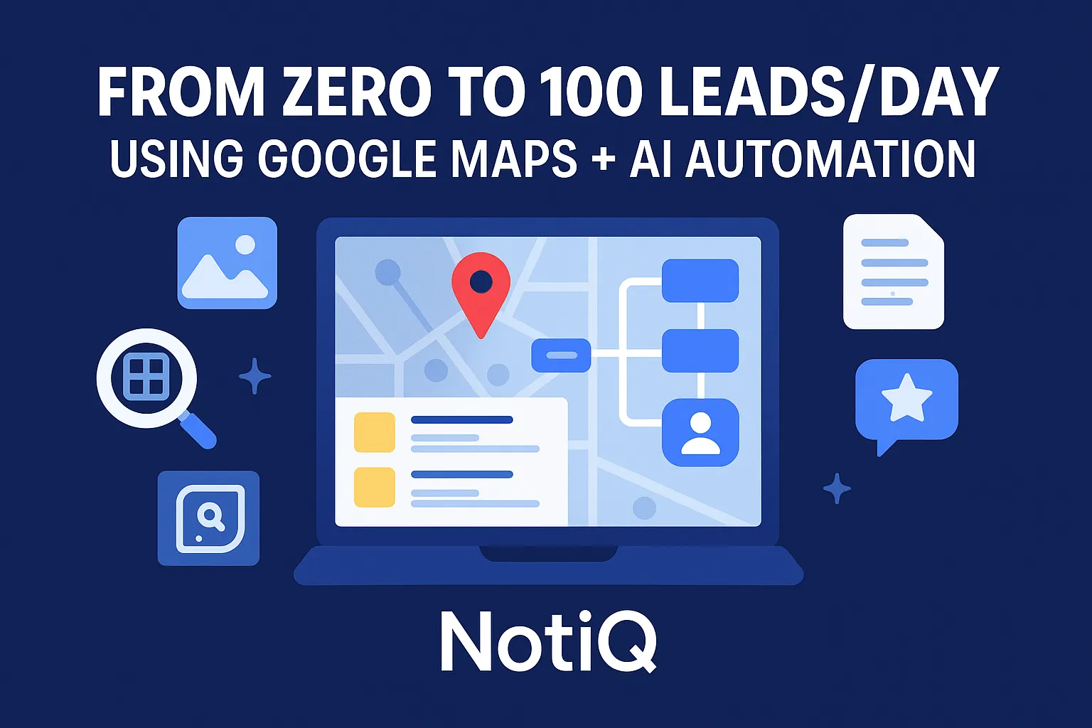 A stylized graphic showing Google Maps with AI elements, illustrating lead generation and automation processes.