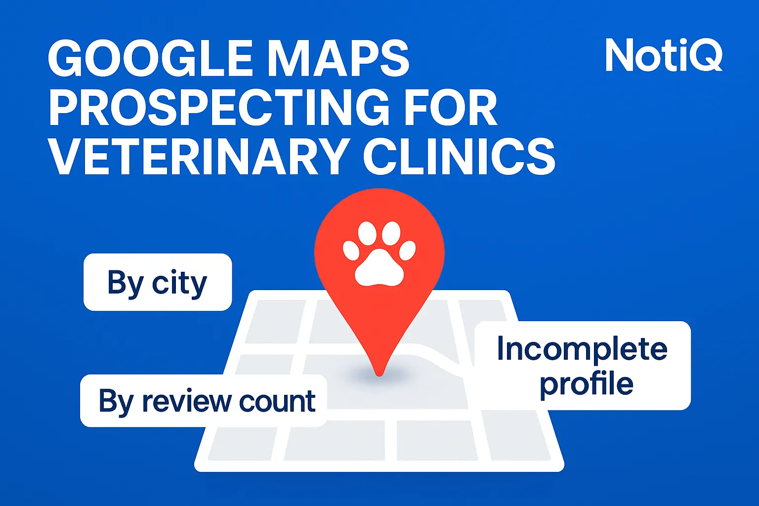 A computer screen displays Google Maps with highlighted veterinary clinics and data points for effective lead prospecting.