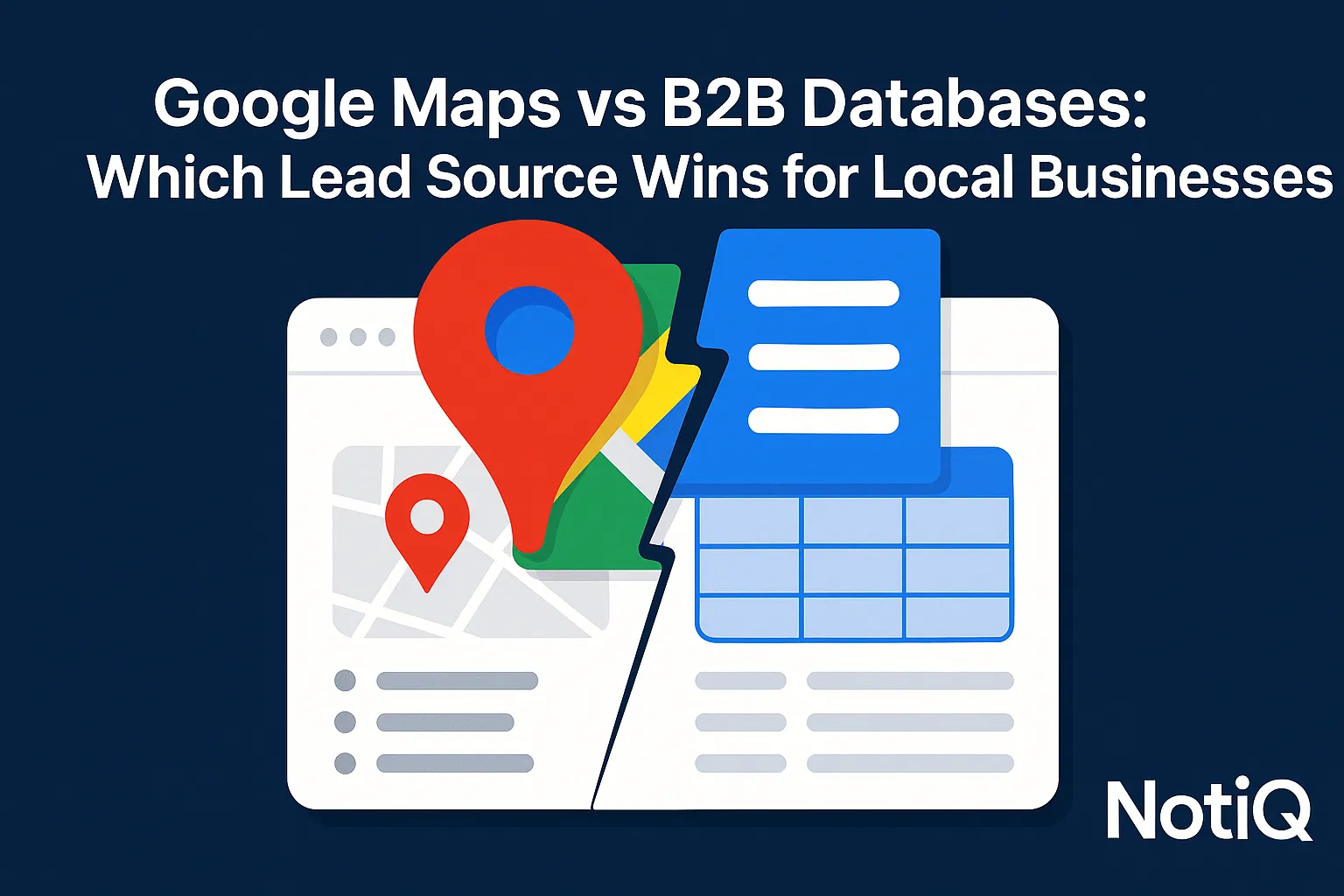 Split-screen image comparing Google Maps and B2B databases, highlighting accuracy and scalability for local business lead gen