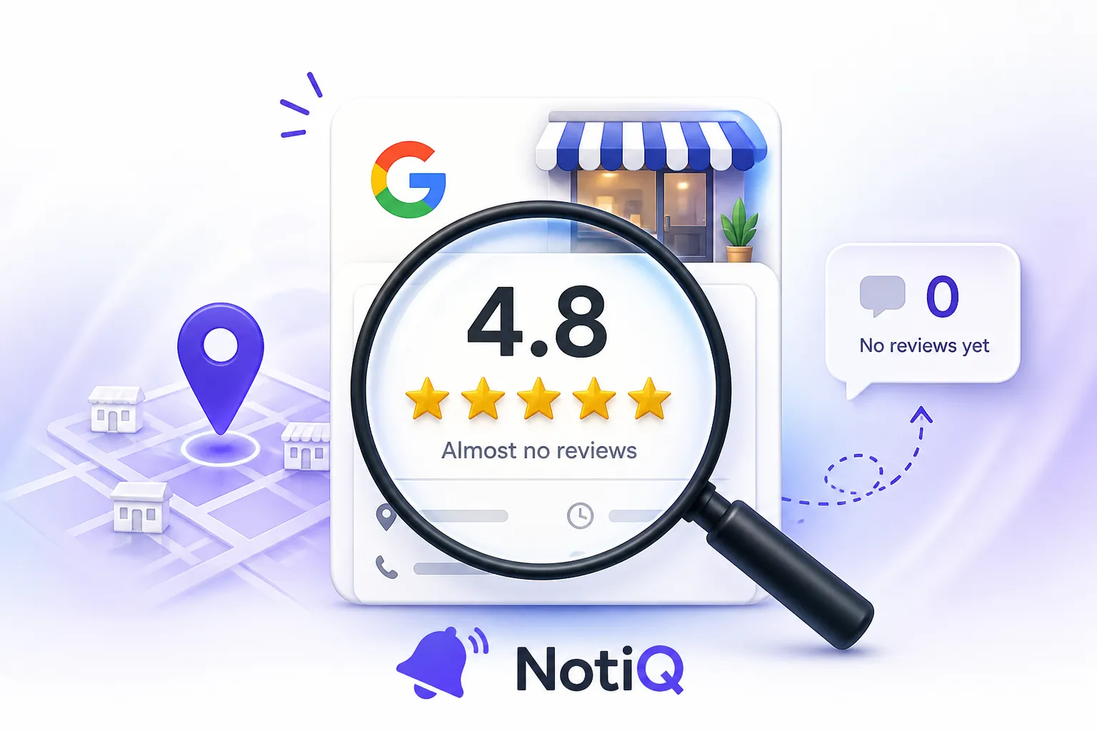 A magnifying glass over a map pin symbolizing the search for local businesses with strong ratings and few reviews.