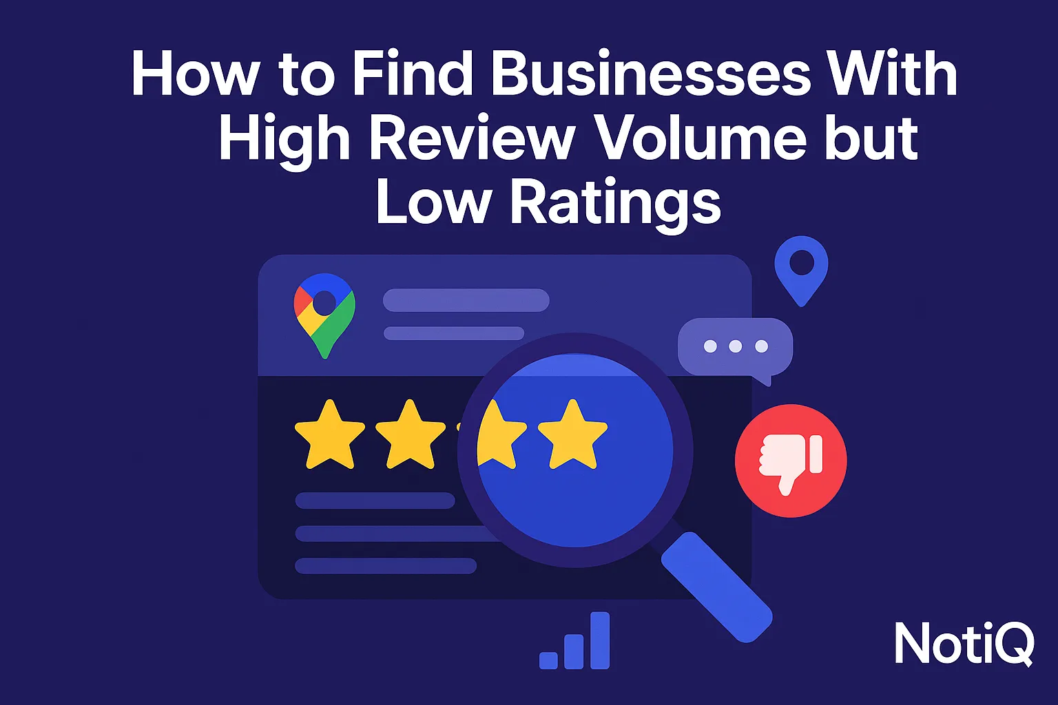 A magnifying glass focuses on a map, highlighting local businesses with high reviews but low ratings, symbolizing research in