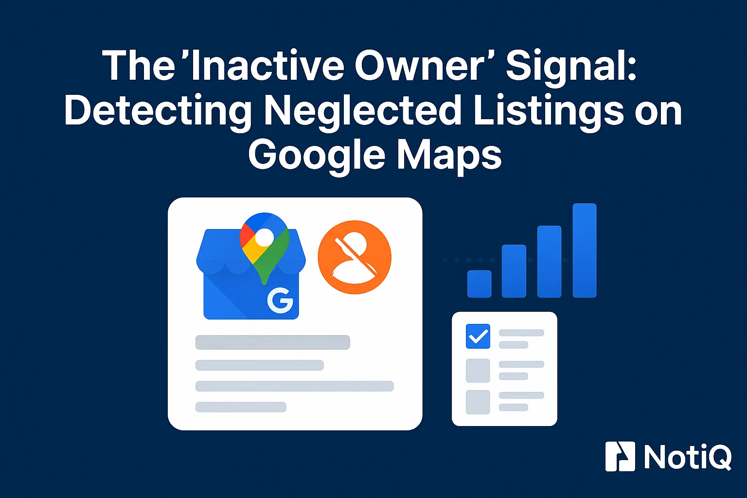 A magnifying glass highlights neglected Google Maps listings, focusing on unanswered reviews and outdated photos.