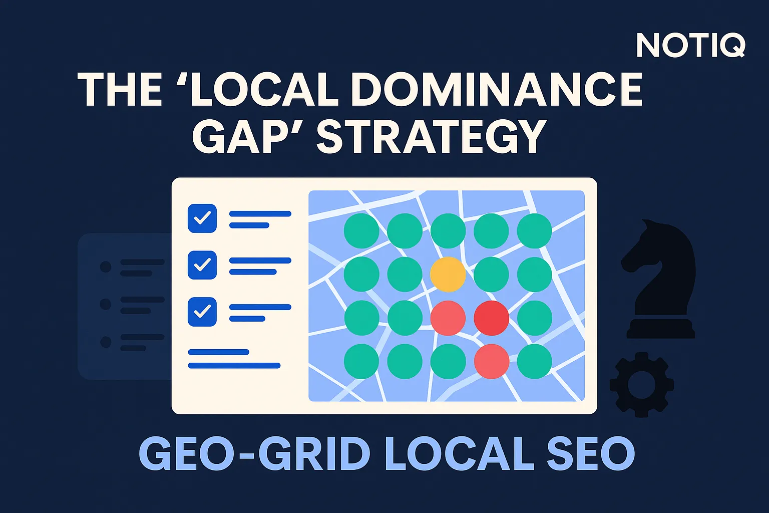 A graphic showing a geo-grid map pinpointing locations with varying Google Maps rankings, highlighting weak zones for visibil