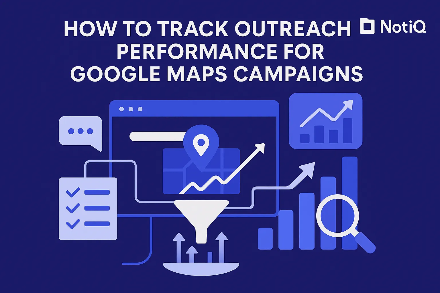 Graph showing outreach metrics and geospatial data analysis for Google Maps campaigns with a laptop and map icons.