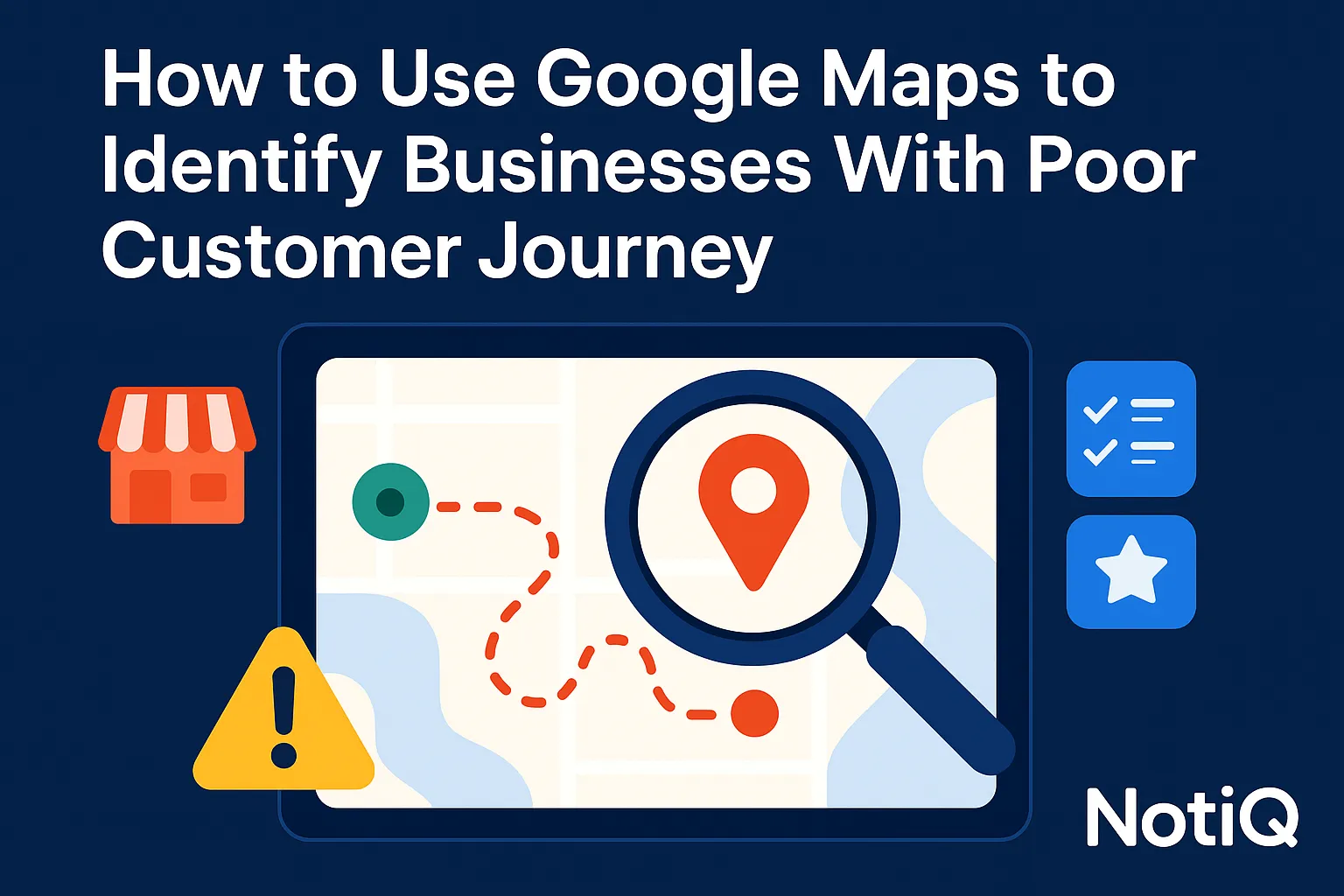 An analytical view of Google Maps displaying businesses with reviews and profile data, highlighting customer journey issues.