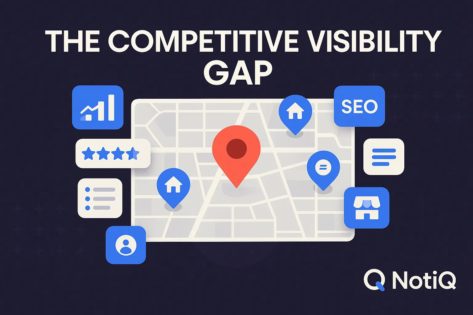 A vibrant map highlighting competitive visibility gaps, with icons representing rival locations, reviews, and citations.
