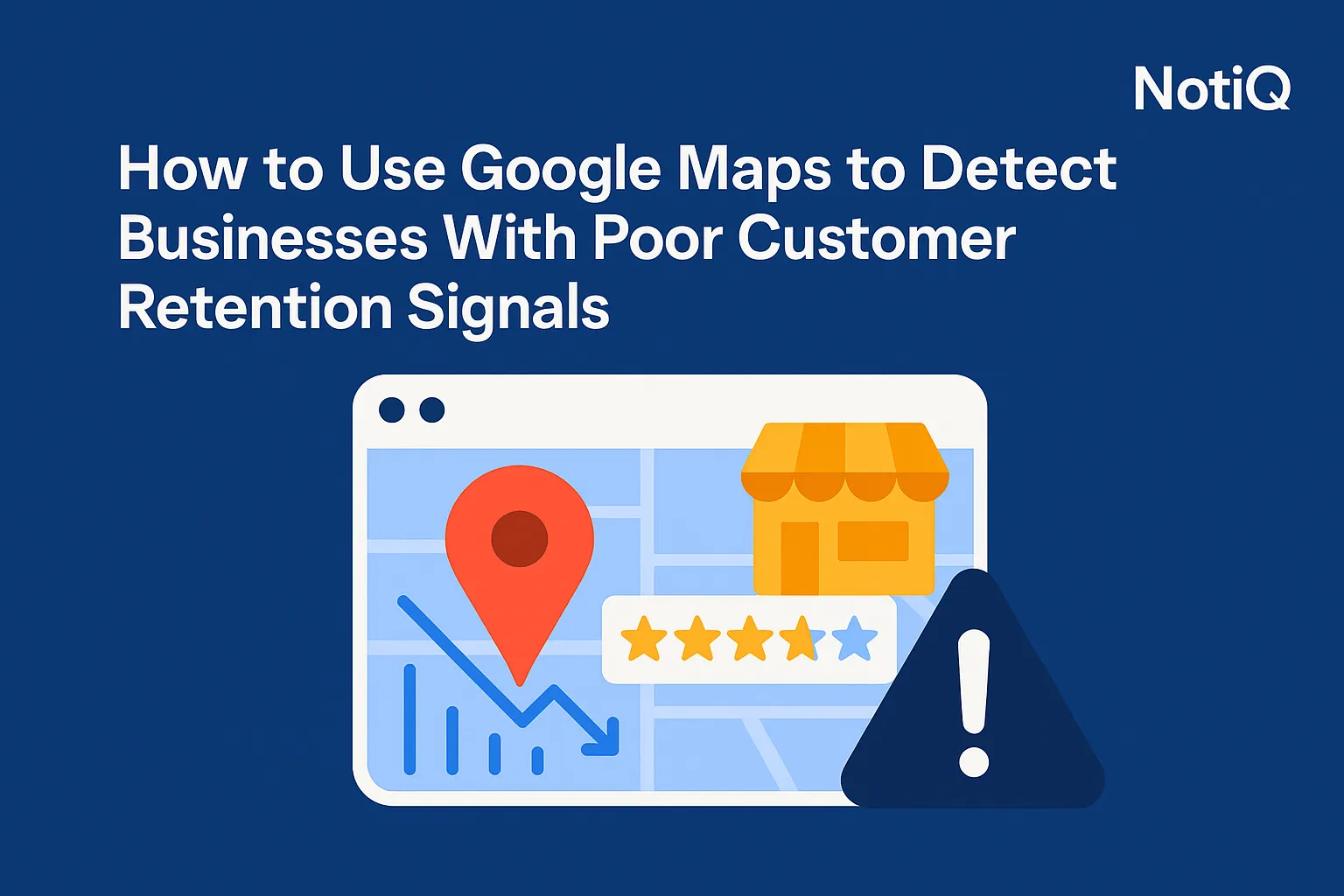 A magnifying glass over a Google Maps interface highlighting a business with customer review trends and ratings.