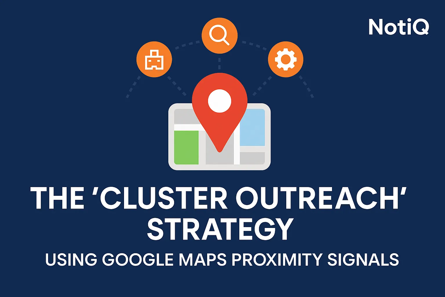 An infographic illustrating Google Maps proximity signals with clusters and outreach strategies for lead generation.